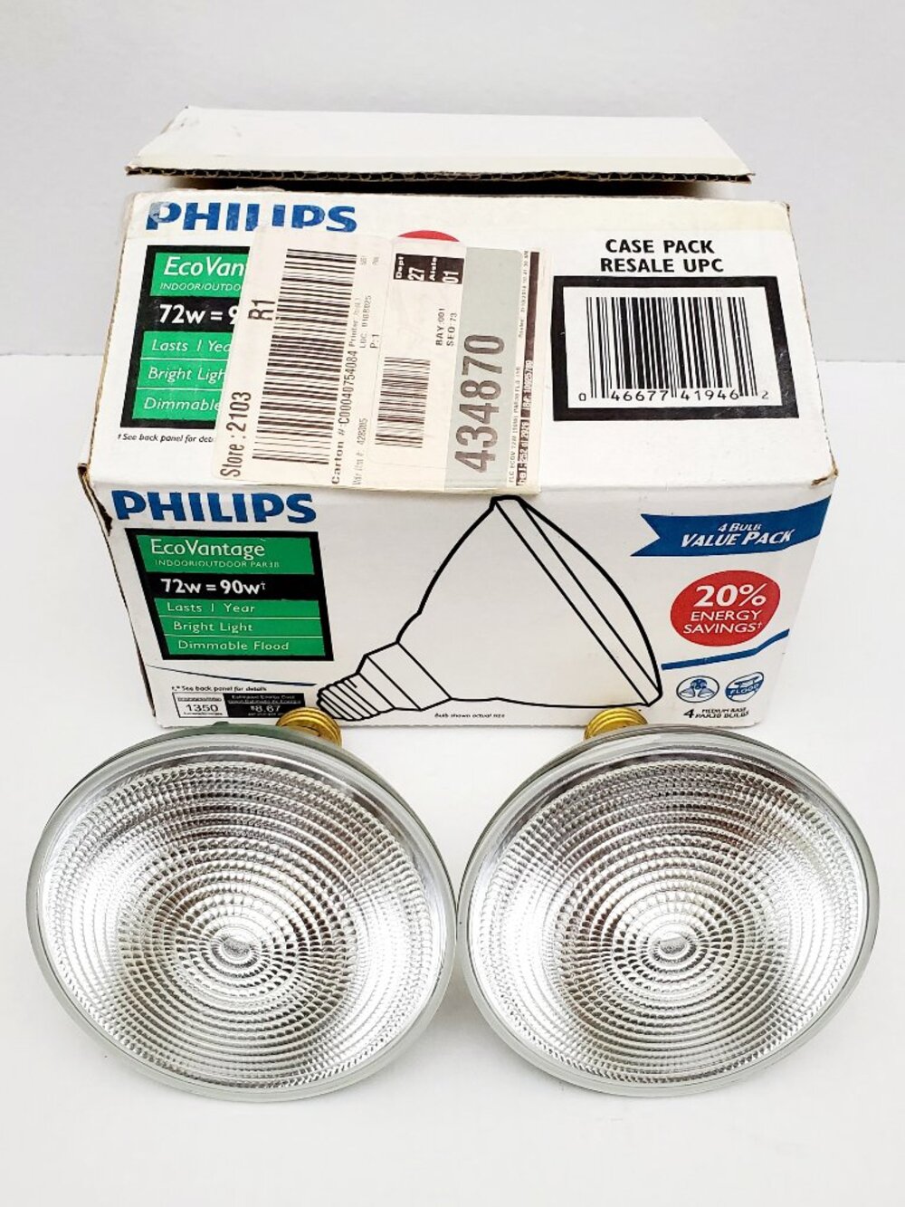 2 PHIILIPS EcoVantage Halogen Bulbs Par 38 / Flood 25 / 72W = 90W / 1350 Lumens